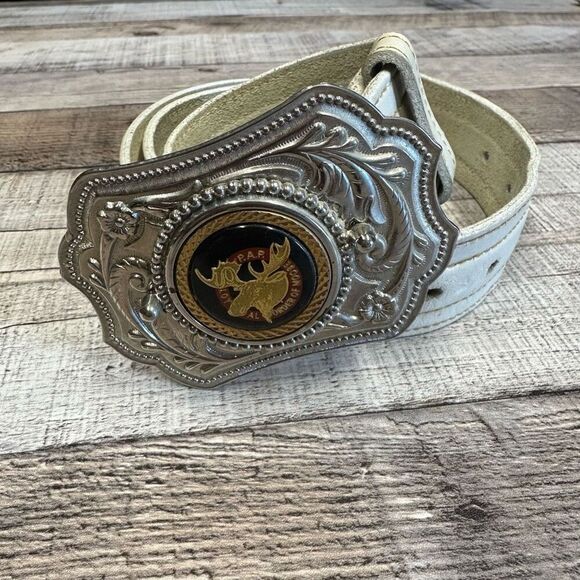 Vintage Loyal Order Of Moose P.A.P Buckle English Saddle Leather Belt 7364 - Picture 1 of 5